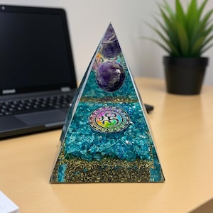 Aquamarine Orgone Energy Pyramid with OM Symbol