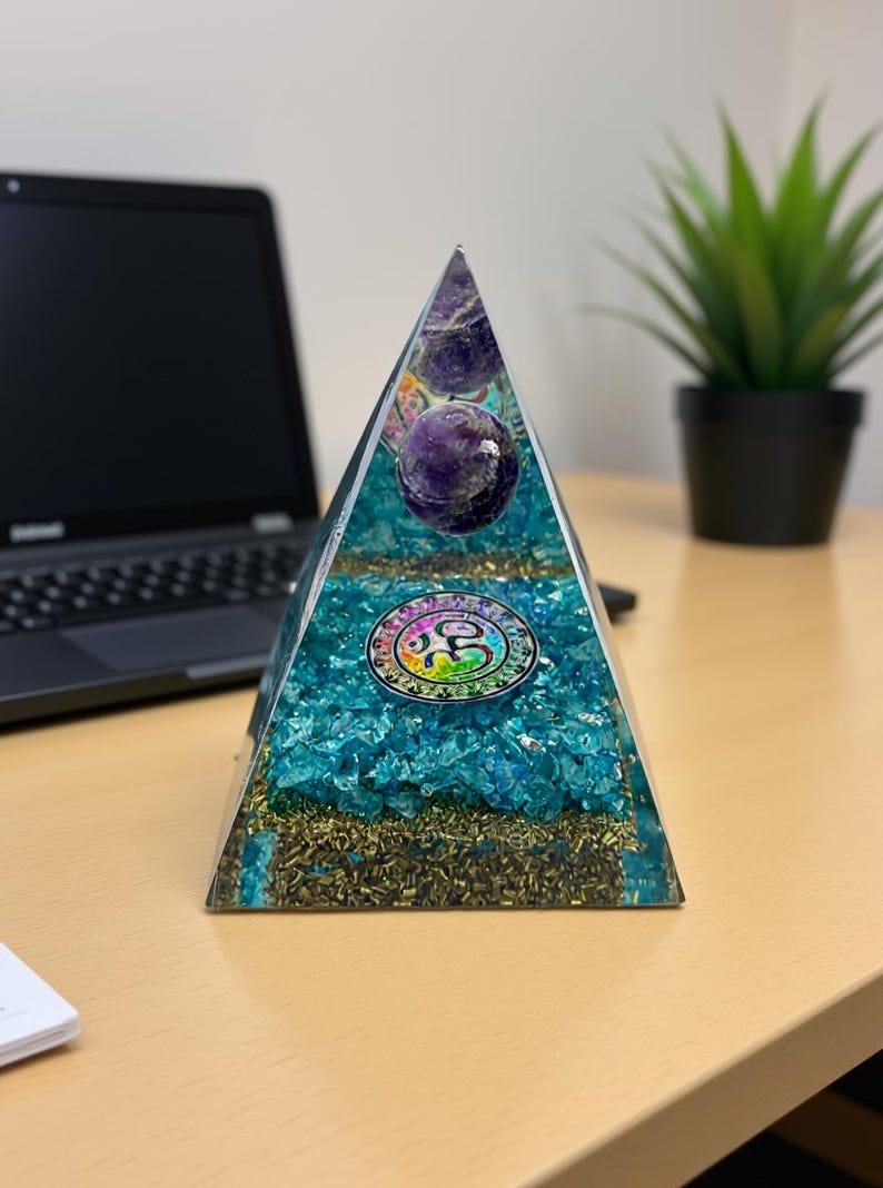 Aquamarine Orgone Energy Pyramid with OM Symbol