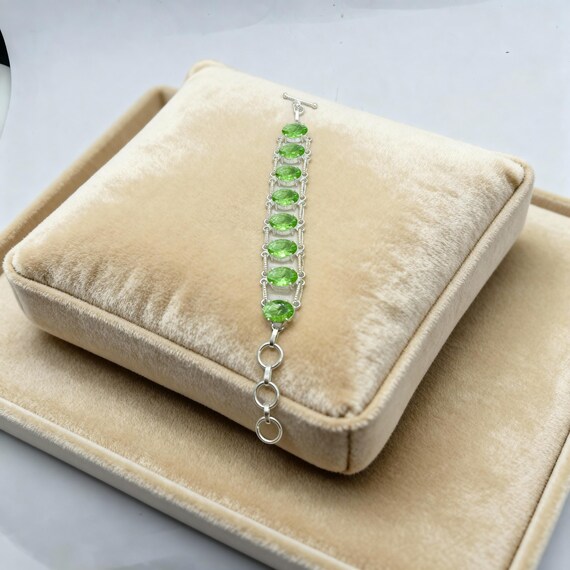 Handmade Green Garnet Gemstone Bracelet, Sterling Silver Link