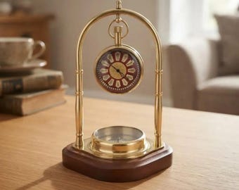 Nautical Brass Hanging Desk Clock with Compass Base Vintage Maritime Decor Executive Office Table Clock Antique Gold Finish Wooden Base
