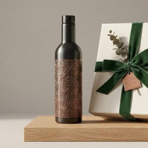 Decorative 1000ml black copper water bottle showcasing an ornate engraved pattern in antique copper tones. The intricate design contrasts beautifully with the dark matte finish, creating a luxurious vintage appearance. Made in India, this reusable bottle is suitable for water storage, yoga, wellness routines, office use, travel and traditional-inspired home décor.