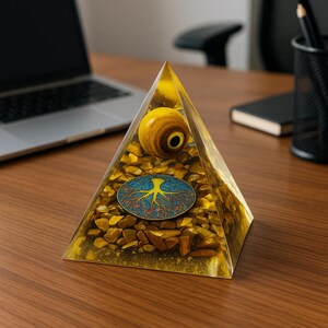 Peut inclure: Une pièce d'art en résine dorée en forme de pyramide avec une sphère en bois et un motif ovale en forme d'arbre. La pyramide est remplie de petites pierres dorées et repose sur un bureau en bois.