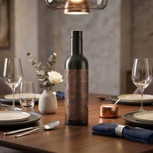 Traditional Indian inspired engraved copper water bottle with a matte black coating and antique copper decorative pattern. The approximately 1000ml bottle combines vintage styling with elegant Boho Luxe details. Its distinctive appearance makes it suitable for drinking water, Ayurvedic-inspired water storage traditions, yoga practices, wellness spaces and everyday use.