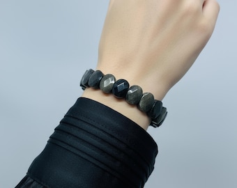 Pulsera unisex de obsidiana negra hecha a mano: piedra preciosa ovalada de 14 mm.