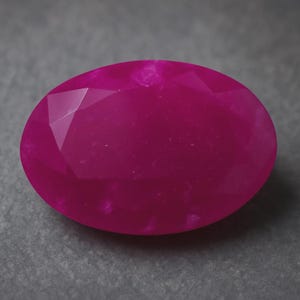 Può includere: Una gemma di rubino sfaccettata di forma ovale. La gemma è di un colore rosso-rosato intenso e vibrante con molteplici sfaccettature che riflettono la luce. La gemma è posta su uno sfondo grigio.