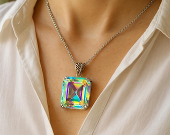 Rainbow Mystic Topaz Pendant Necklace with Free Chain 50-60CT– Sparkling Gemstone Jewelry for Women
