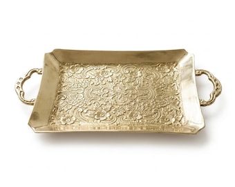 Handcrafted Brass Serving Tray with Handles, Engraved Indian Metal Tray, Vintage Gold Home Decor, Coffee Table Centerpiece, Vanity Organizer