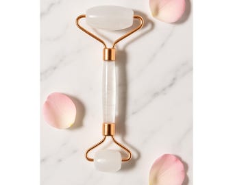 Handmade Clear Quartz Facial Roller, Natural Stone, Gold-Toned Frame