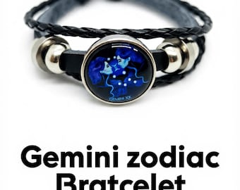 Handmade Gemini Astrology Bracelet | Black Leather Adjustable Knot Bracelet with Round Gemini Sign Charm | Horoscope Jewelry Gift for All