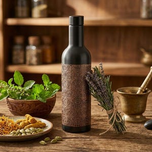1000ml copper water bottle measuring approximately 31cm in height with a sleek 7.7cm by 3.8cm profile as provided. The bottle features a matte black coated finish, antique copper engraving and a traditional Indian inspired design. Its one-liter capacity makes it suitable for carrying drinking water throughout daily activities, yoga and travel.