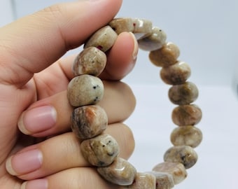 Handmade Fossil Coral Bracelet, 14MM Oval Gemstone Beads, Healing Energy Jewelry