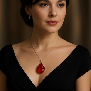 Puede incluir: Un collar de plata con un gran colgante de piedra roja en forma de lágrima. El colgante está facetado y captura la luz. La mujer de la imagen lleva un vestido negro.