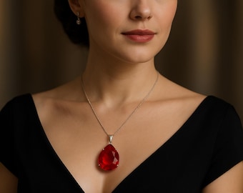 Handmade Ruby Pear Necklace, 90–100ct Red Gemstone Pendant | Sterling Silver Jewelry Chain Free | Root Chakra Healing Crystal for Confidence