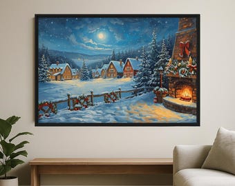 Ingelijste kerstcanvas: Cosy Winter Village & Fireplace