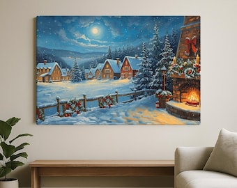 Canvaskunst gezellig kerstdorp: besneeuwde winterse open haard