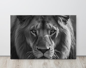 Lion Majesty – zwart-witte canvas muurkunst | Krachtig dierenportret, modern interieur