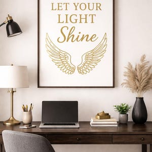 Let Your Light Shine Print | Christian Wall Art | Gold Angel Wings Poster | Inspirational Bible Decor | Digital Download