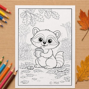 Könnte beinhalten: Schwarz-Weiß-Malvorlage mit einem Cartoon-Waschbären, der eine Eichel hält. Der Waschbär ist von Blättern und Bäumen umgeben, mit einem Herbstthema. Farbstifte sind auf der linken Seite des Bildes zu sehen.