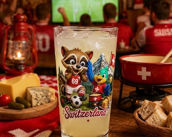 Vaso de pinta para aficionados al fútbol suizo, vasos para seguidores del fútbol suizo, regalo hecho por un fan del torneo mundial, vaso con la mascota de los Alpes.