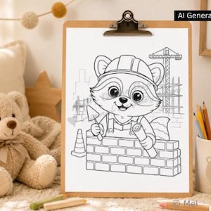 Pedro the Raccoon Construction Coloring Page, Cute Builder Animal Printable, Kids Hard Hat Brick Wall Digital Download Activity Sheet