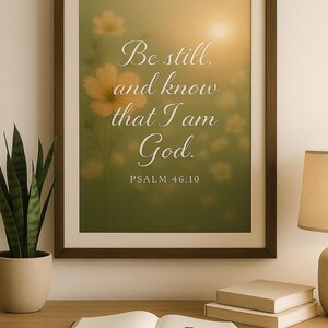 Puede incluir: Un cuadro enmarcado con el texto "Be still, and know that I am God. Salmo 46:10" en escritura elegante. La obra presenta un fondo floral suave y borroso en tonos verdes y amarillos. El marco es marrón oscuro.
