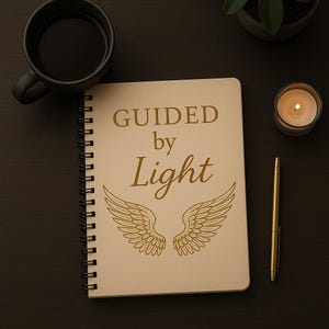 Könnte beinhalten: Ein spiralgebundenes Notizbuch mit den Worten "GUIDED by Light" und Engelsflügeln in goldfarbenen Buchstaben. Ein goldener Stift, eine brennende Kerze und eine schwarze Kaffeetasse liegen auf einer dunklen Holzoberfläche. Eine kleine Topfpflanze ist ebenfalls zu sehen.