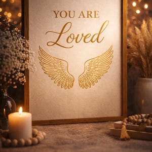 Könnte beinhalten: Gerahmter Druck mit den Worten "YOU ARE Loved" in goldener Schrift über einem Paar goldener Flügel. Der Druck befindet sich in einem Holzrahmen, und eine brennende Kerze und dekorative Perlen sind im Vordergrund.