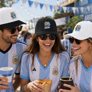 Könnte beinhalten: Zwei weiße Baseballkappen und eine schwarze Baseballkappe, jeweils mit einer Grafik eines Tieres in einem blau-weißen Trikot mit dem Text Argentina, getragen von drei Personen in blau-weiß gestreiften Fußballtrikots.