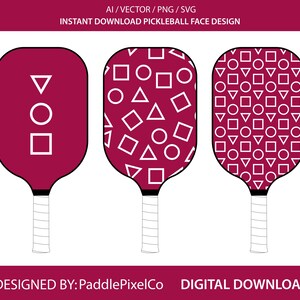 May include: Three pickleball paddle face designs in burgundy with white geometric shapes. The paddles have white handles. The top of the image reads "AI / VECTOR / PNG / SVG" and "INSTANT DOWNLOAD PICKLEBALL FACE DESIGN". The bottom of the image reads "DESIGNED BY: PaddlePixelCo DIGITAL DOWNLOAD".