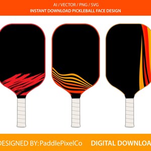 May include: Three pickleball paddle face designs with black backgrounds and colorful accents. The designs include red brushstrokes, orange and yellow wavy lines, and orange and yellow stripes. The text "AI / VECTOR / PNG / SVG INSTANT DOWNLOAD PICKLEBALL FACE DESIGN" is at the top.