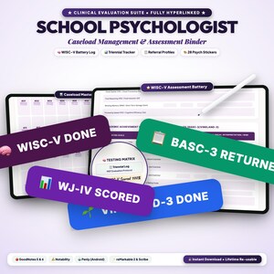 May include: A digital school psychologist caseload management and assessment binder displayed on tablets. The interface features text labels including WISC-V DONE, BASC-3 RETURNED, WJ-IV SCORED, and a testing matrix. It includes icons for various apps.