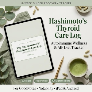 Puede incluir: Una tableta digital que muestra un rastreador de recuperación guiado de 12 semanas titulado Hashimoto's Thyroid Care Log y Autoimmune Wellness & AIP Diet Tracker. La pantalla muestra una portada con el título, una taza de té verde y cápsulas.