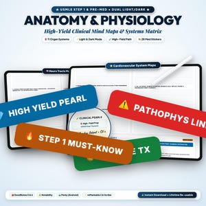May include: A digital anatomy and physiology study guide featuring clinical mind maps and systems matrix. The interface includes labeled tabs for neuro tracts and cardiovascular systems, with overlay banners reading High Yield Pearl, Pathophys Link, and Step 1 Must-Know.