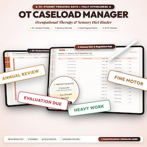 May include: A digital OT Caseload Manager binder for occupational therapy and sensory diets. The interface displays student profiles, a sensory diet hub, and goal progress matrix. Includes labels for annual review, fine motor, and heavy work.