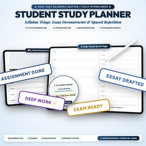 May include: A 2026-2027 academic student study planner digital interface featuring a syllabus triage, essay deconstructor, and spaced repetition tools. The layout includes a daily study sprint page, task labels like ASSIGNMENT DONE, ESSAY DRAFTED, DEEP WORK, and EXAM READY, with compatibility icons for GoodNotes, Notability, Penly, and reMarkable.