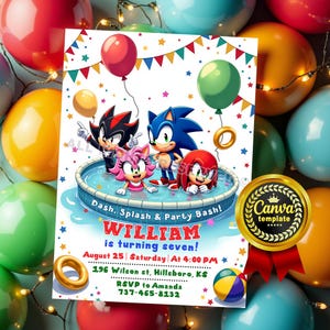 Sonic Pool Party Birthday Invitation – Editable Canva Template for Sonic, Shadow & Amy Rose Party. Digital or Printable Invite Card