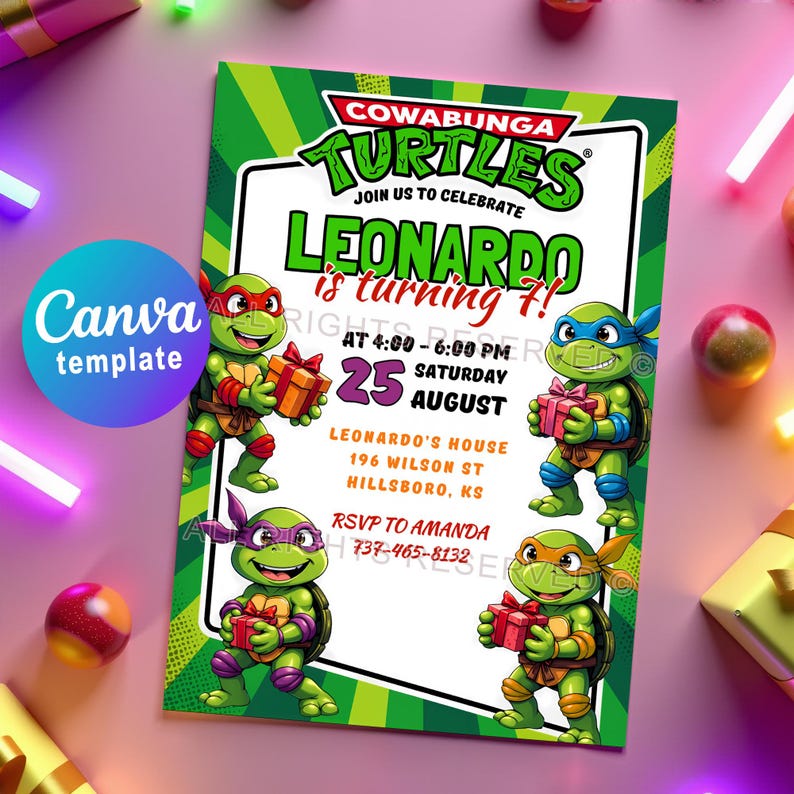 Ninja Turtles Birthday Invitation – Editable Canva Template for ...