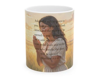 Christian Praying Girl | Matthew 7:7 Bible Verse Coffee Mug