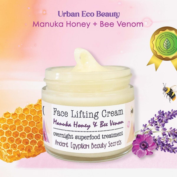 Organic Face Lifting Manuka Honey Bee Venom Boosted Day To Night Cream / Radiant Youthful Anti-Aging Facial Cream / Holistic Skin Superfood