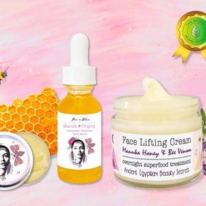 Manuka Honey Bee Anti-Aging Botanical Facial Kit / Bee Venom, Propolis / Organic Holistic Night Cream, Facial Serum and Lip Balm Butter