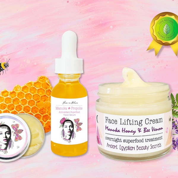 Manuka Honey Bee Anti-Aging Botanical Facial Kit / Bee Venom, Propolis, Essential Oils / Holistic Night Cream, Facial Serum, Lip Balm Butter