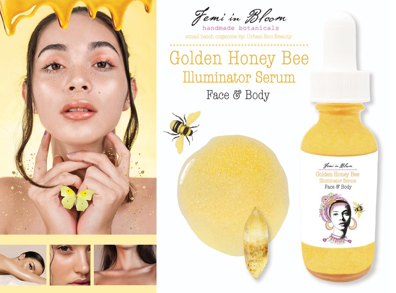 Golden Honey Bee Illuminator Serum for Face and Body / Natural Shimmer Highlighting Glow / Anti-Aging, Hydrating, Moisturizing / Organic image 2