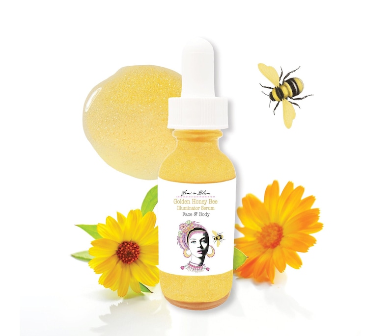 Golden Honey Bee Illuminator Serum for Face and Body / Natural Shimmer Highlighting Glow / Anti-Aging, Hydrating, Moisturizing / Organic image 1