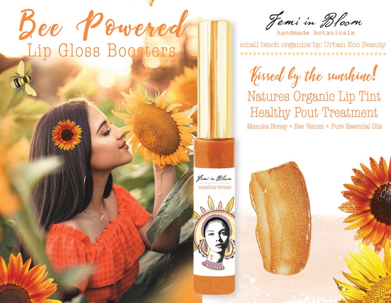 Sunshine Bronze Sheer Shimmer Organic Lip Gloss Plumper Treatment / Plant-based, Manuka Honey, Bee Venom / Lip Booster, Moisturize, Hydrate image 2