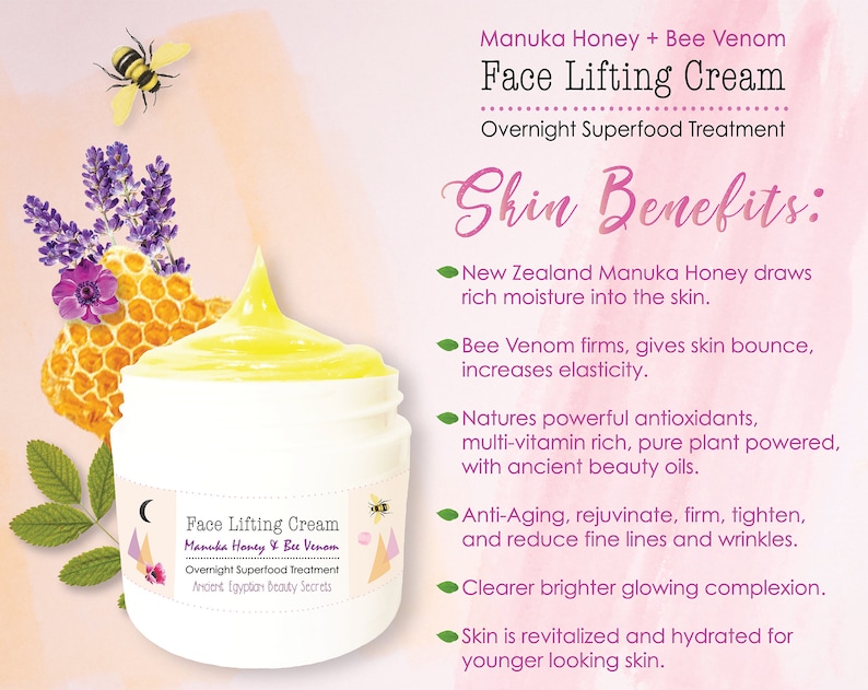 Organic Face Lifting Manuka Honey Bee Venom Boosted Day To Night Cream / Radiant Youthful Anti-Aging Facial Cream / Holistic Skin Superfood image 3