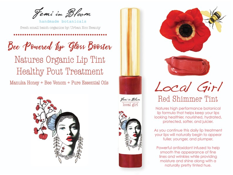 Red Cherry Sheer Glow Organic Lip Gloss Plumper Treatment / Plant-based, Raw Manuka Honey, Bee Venom / Lip Booster Glow, Moisturize, Hydrate image 4