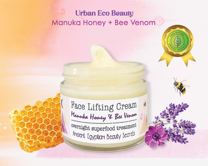 Organic Face Lifting Manuka Honey Bee Venom Boosted Day To Night Cream / Radiant Youthful Anti-Aging Facial Cream / Holistic Skin Superfood image 1