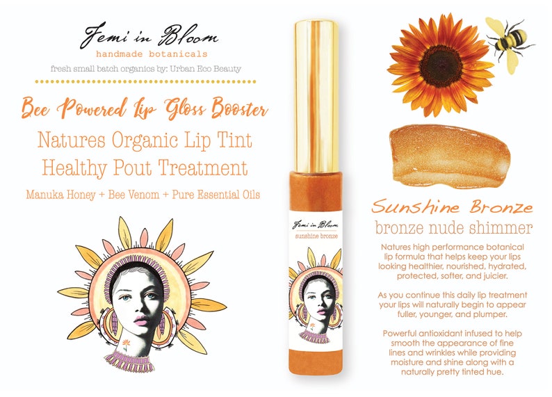 Sunshine Bronze Sheer Shimmer Organic Lip Gloss Plumper Treatment / Plant-based, Manuka Honey, Bee Venom / Lip Booster, Moisturize, Hydrate image 4