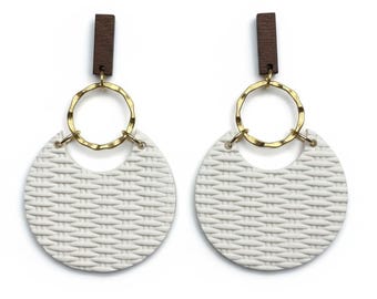Handcrafted Polymer Clay & Hammered Metal Earrings Basketweave Detail White