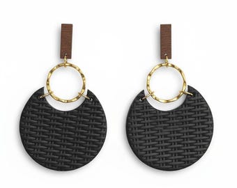 Handcrafted Polymer Clay & Hammered Hoop Earrings Basketweave Detail Black